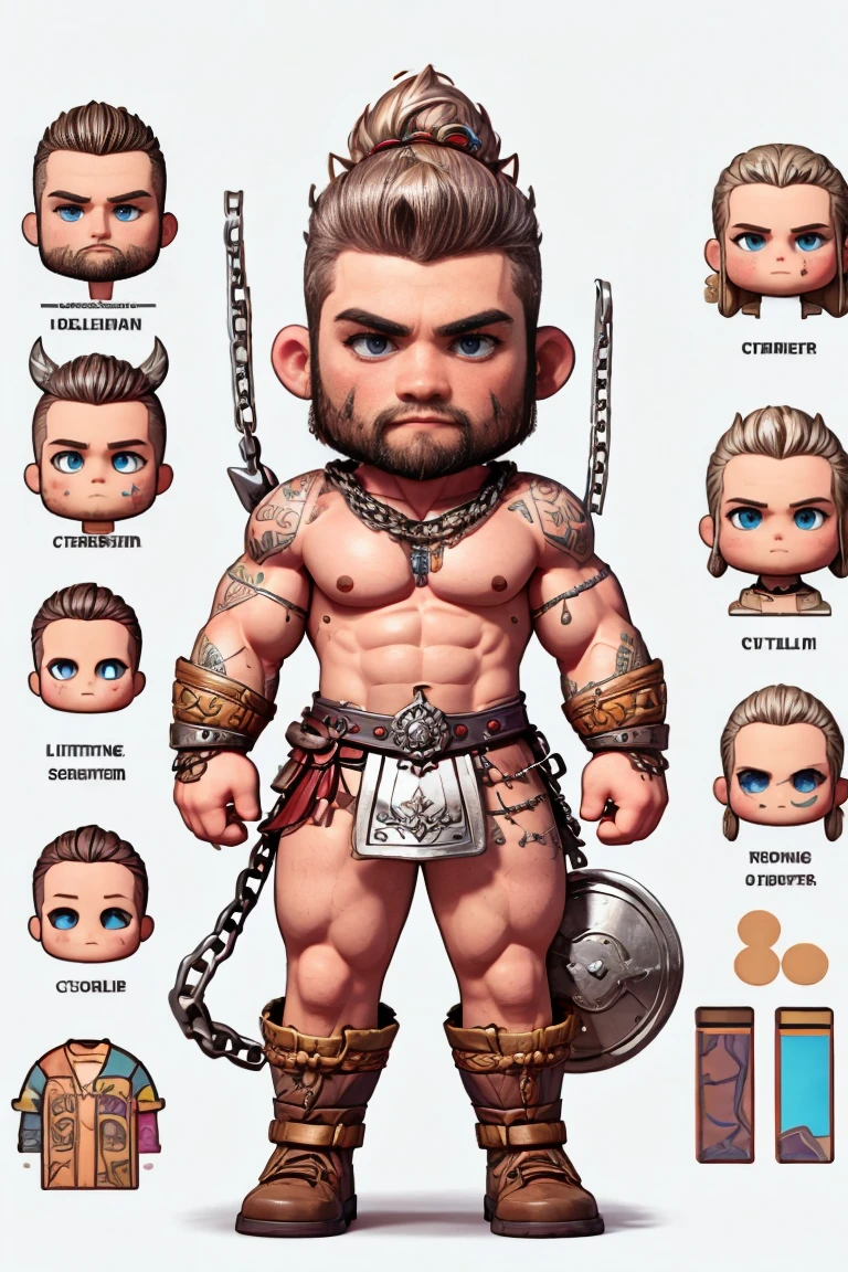 Create a male character of a Viking, mohawk hair, muscular body and chain on his arms. 