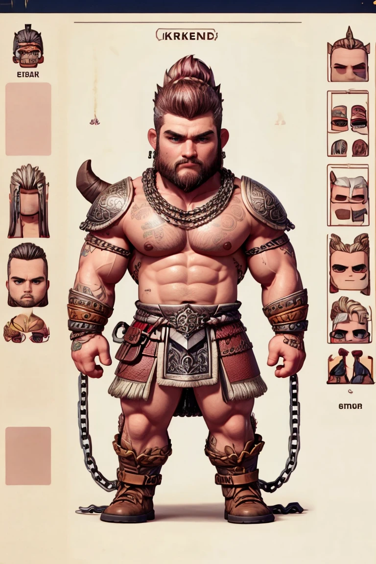 Create a male character of a Viking, mohawk hair, muscular body and chain on his arms. 