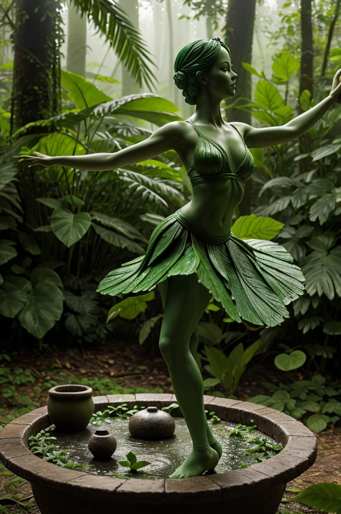 A whimsical miniature figure, crafted from a vibrant medley of green leaves, assumes a lively dancing pose atop a worn, earthy pot, surrounded by a lush forest scene awash in the soft, misty glow of rain-kissed greens and blues, evoking a sense of mythical wonder and serenity, with delicate, intricate leaf veins resembling delicate brushstrokes, as tendrils of foliage swirl around the figure, blurring the lines between dancer and environment, against a backdrop of gentle, glistening raindrops.