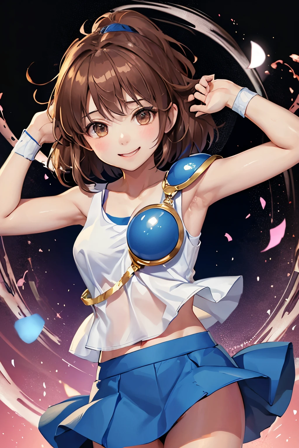 （（（ＳＦＷ、sound、Highest quality、first-clasasterpiece、Normal body、、Detailed face、Ultra-precision、Normal hand、Normal finger、５Finger、Highest）））、beautiful girl、Brown Hair、Bobcut、slender、low length、thin feet、arles、Puyo Puyo、Sorcerer、Blue short-sleeved shirt、White tank top、Tank top over shirt、Blue mini skirt、Half shoulder pad、Half Breastplate、blush、Dungeons、Spread your legs、Torn garments、Ripped tank top、Torn shirt、Torn Skirt、Skirt flipped up、Open clothes、smile、Spreading energy、magic、With arms wide open、Byeeen