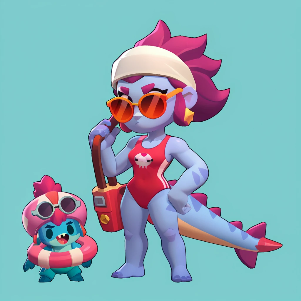 full body view of a monster triceratops dinosaur, blue skin, female, dressed in a red swimsuit and sunglasses, with a pink and white buoy, triceratops animal, brawl, brawl stars
