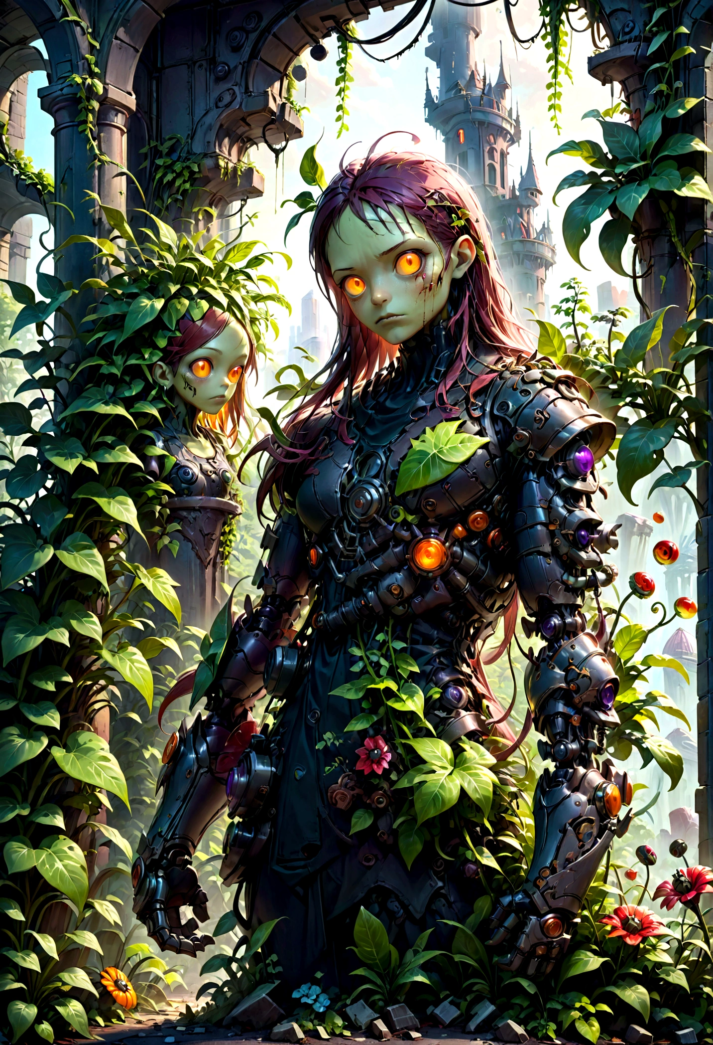 Plants vs. Zombies, detailed plants vs zombies, botanical garden, overgrown greenery, nature vs technology, vibrant colors, lush foliage, decaying ruins, post-apocalyptic, dark fantasy, cinematic lighting, dramatic shadows, highly detailed, intricate textures, 8k, masterpiece, best quality, very aesthetic, absurdres