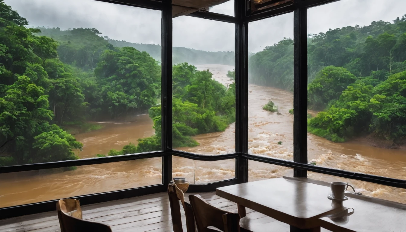 coffe shop with a with window, landscapes, river, rainning, with nature outside.