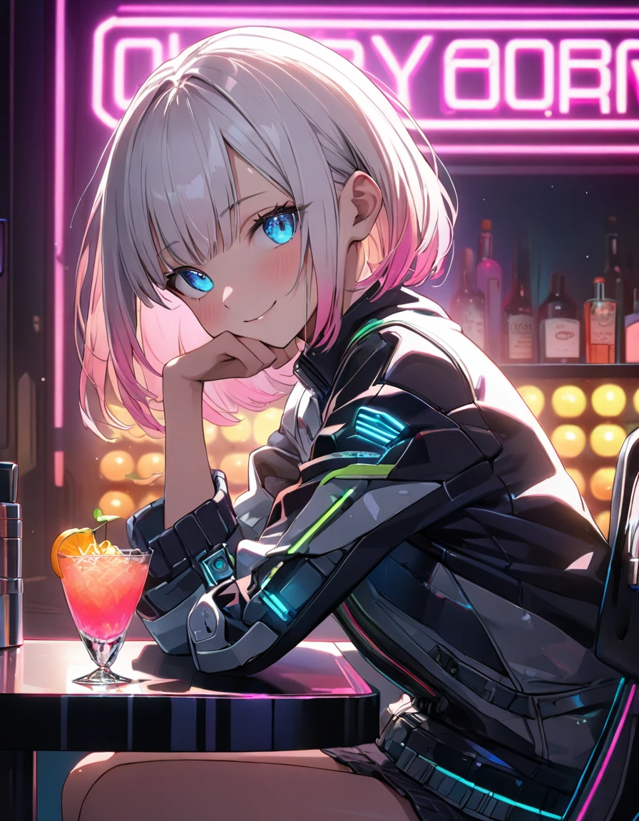 (8K, best quality, master piece: 1.2),super high resolution,1 robogirl,solo,16yo,ultra-detailed face,detailed eyes,gradient hair(white hair, light pink hair) ,Straight hair,short hair,shy smile,neon lights,sitting on a chair,holding a glass of fruit cocktail,Underground Cyber Bars