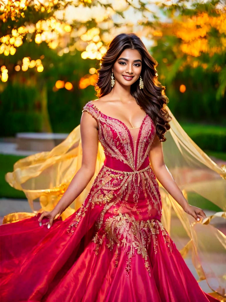 casino girl, 25 years, Indian nationality, in a beautiful evening dress, casino girl, Beautiful face, kind smile, voluminous hair, standing straight, Full face, Great quality, Excellent detail, Realistic style, high quality photo