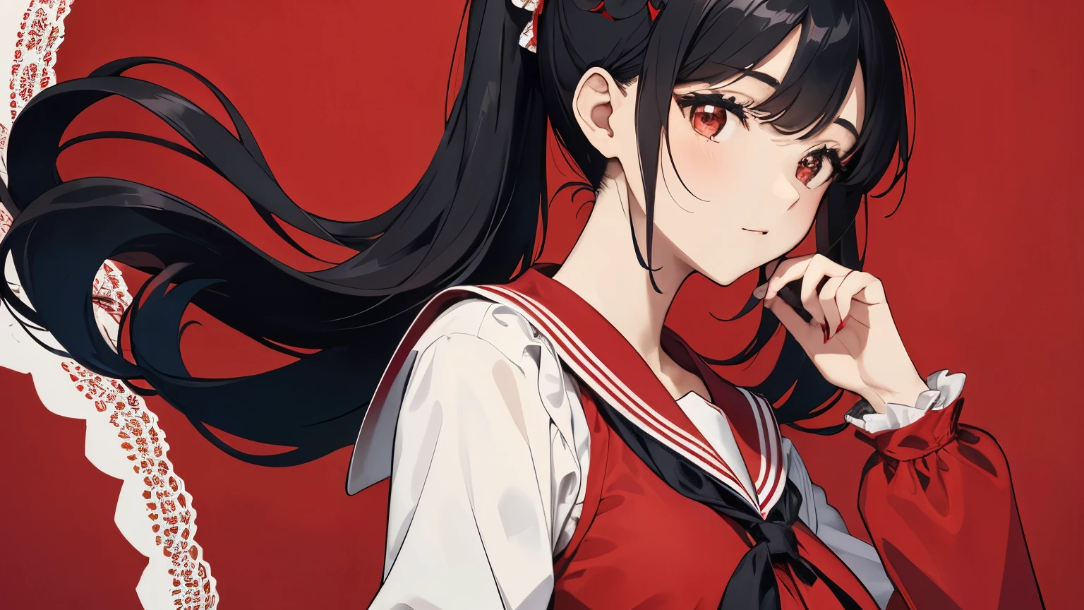 A beautiful woman wearing a red sailor suit with lots of frills and lace　Long sleeve　Black hair ponytail with hair ornament　Upper Body