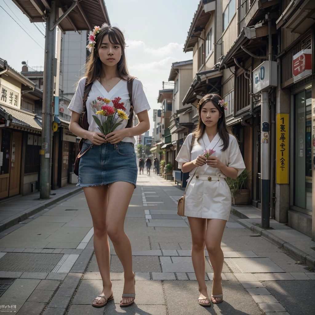 masterpiece, best quality,photorealistic,8k raw photo,midjourney style,,  a high-resolution, wide-angle photo of a person standing in a Japanese city during the day. The photo should have cinematic lighting and the person should be wearing a flower in their hair. There should also be colorful paper airplanes flying around them