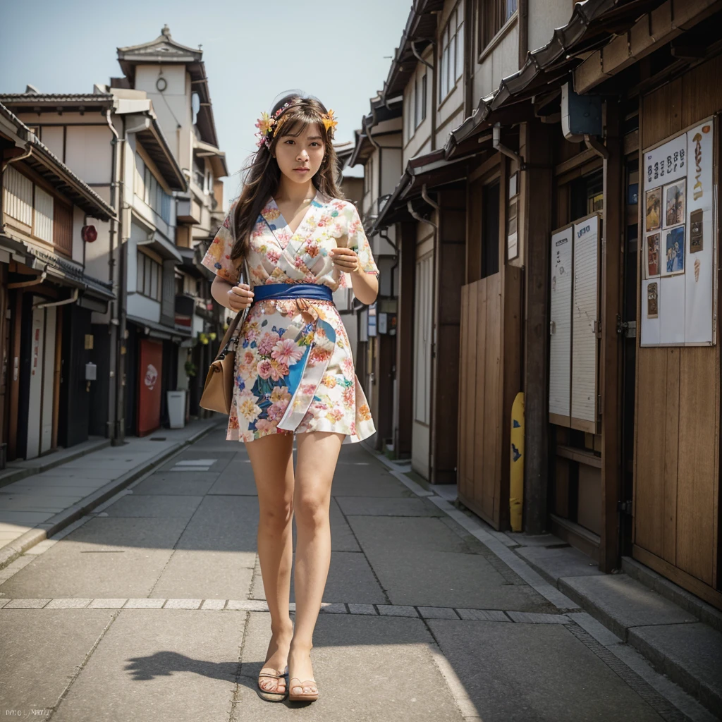 masterpiece, best quality,photorealistic,8k raw photo,midjourney style,, a high-resolution, wide-angle photo of a person standing in a Japanese city during the day. The photo should have cinematic lighting and the person should be wearing a flower in their hair. There should also be colorful paper airplanes flying around them