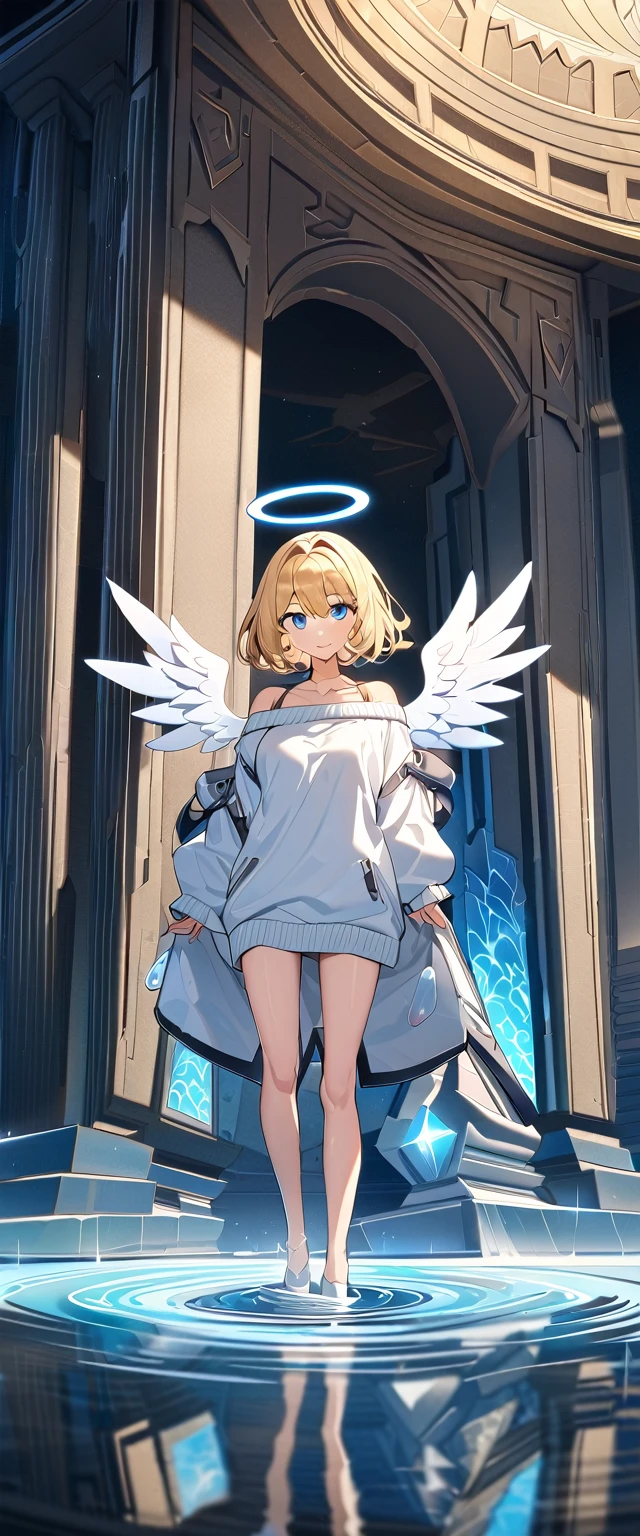 ((angel, big big white wings:1.3, halo:1.3)), ((sea)), (((spread arms))), (((cowboy shot))), ((flying in the sky)), archangel Uriel, ((wavy hair, outward curled hair)), evening, Sunset, ((blond hair, bob cut:1.3)), breasts, teenager, (looking at viewer), oversized clothes, puffy long sleeves, collarbone, ((off-shoulder sweater:1.3, Quite thick shoulder straps)), ((white sweater)), collarbone, head tilt:1.3, (((blue eyes))), (water temple, crystal clear water:1.3), (crystal, reflective, glowing, waterlogged floor, fountain:1.5), (waterfall), (crystal textured interior), (water ripples:1.3), (clear blue crystal pillars:1.2), (geyser, indoor), (ice floor, ice wall:1.2), (light blue glowing:1.3), ((happy smile)), (((anime style))), (best quality, 4K, 8K, highres, masterpiece:1.2, ultra-detailed, ultra-detailed eyes, HDR, uhd, studio lighting, ultra-fine painting, sharp focus, physically-based rendering, extreme detail description, professional, vivid colors, bokeh)