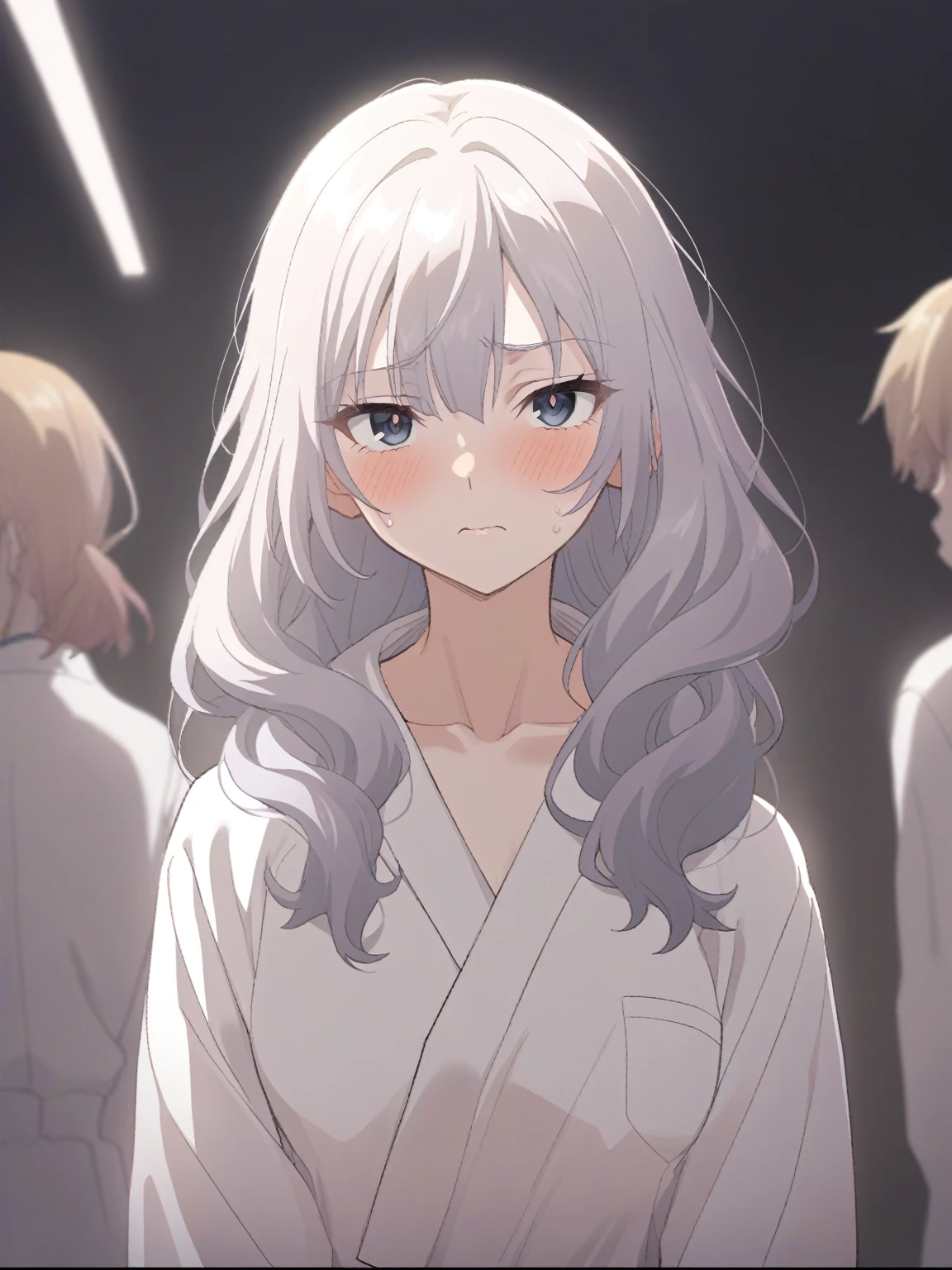 {{{sincos (sincos), girl, no human, waist-length}}}, 1 girl, nurse, wear a medical gown, waist-length, black eyes, tired face, weak facial expressions, hair tied at the back of the head in a bun, white hair, hair ivory color, stands directly towards the viewer, looking at viewer. white background, blank background.