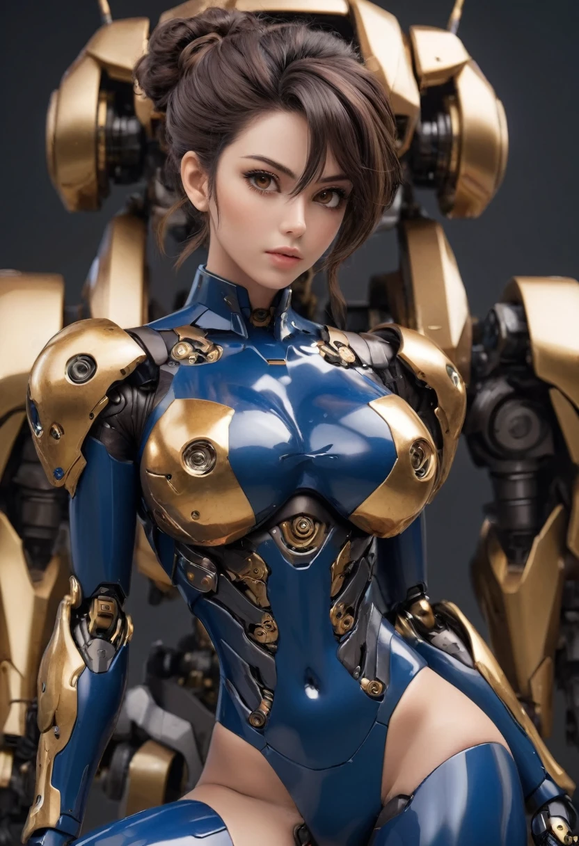 A woman, beautiful face, brown eyes, dark brown updo hair, mecha body, show big thigh. (Black doft, gold, dark blue). Ahegao. best quality, masterpiece, Ultra high detail, 8k. Detail face, detail skin texture.