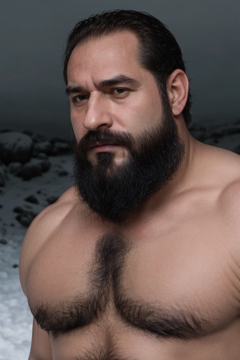 Hyperrealistic Very Realistic 8K Resolution Very Realistic Best Ultra High Definition resolution Very Realistic Photorealistic picture of a realistic bearded hairy Bald Kratos man in the snow, handsome stocky black, man with on, God of War Ragnarok Kratos, strong hairy chest and arms, with very realistic tattoos, very realistic hairy strong chest and arms, very realistic hairy chest, very realistic pecs, very realistic strong legs, in tiny realistic underwear with bulges, very realistic lips, very realistic lip details, very realistic belly, very realistic eyes, very realistic eyes details, very realistic thick chubby neck, very realistic neck lines, very realistic neck details, very realistic face, very realistic face details, 47 year old man, small transparent underwear, bald, very realistic kratos muscle bear beefy buff beefy bear buff beefy big belly thick big beefy big manly bulky muscular bodybuilder muscle bear, very realistic, very realistic photography, very detailed, full body portrait, 8k Resolution, very defined details, cinematic, 8k, epic Steven Spielberg movie still, sharp focus, by pascal blanche rutkowski repin artstation hyperrealism painting concept art of detailed character design matte painting, 8k resolution God of War Ragnarok 