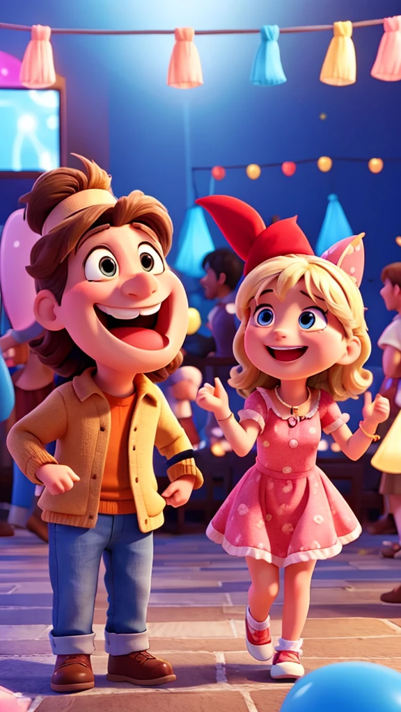 Two animated friends at a lively party scene, one laughing and saying,