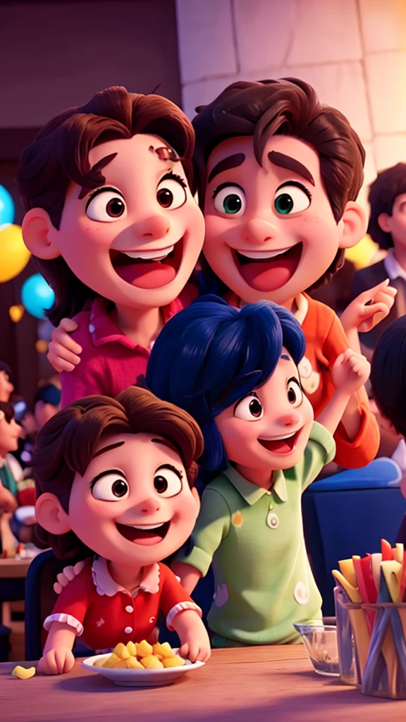 Two animated friends at a lively party scene, one laughing and saying,