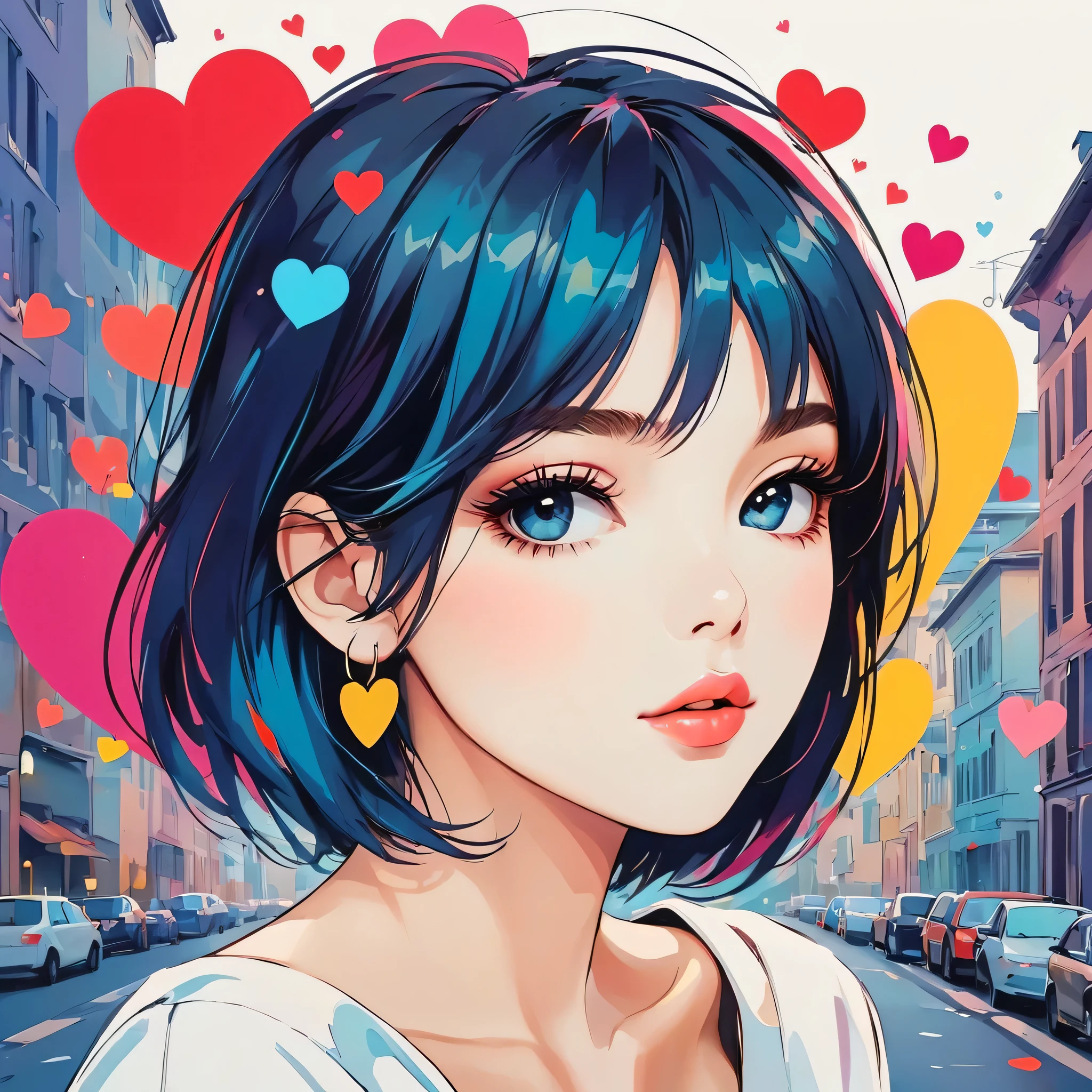 Mika Pikazo style, Simple Line Initialism,Abstract art,Urban Background, colorful hearts ,(((The most beautiful girl of all time))), Sweet face., Lips in love