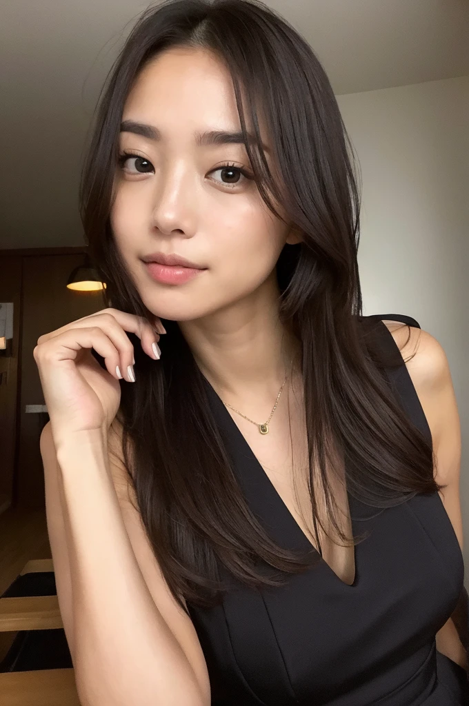 prospect: Gorgeous Woman ,. She is playing with the camera with a faint smile.., (In the Dark), , Perfect Eyes, Perfect hands, Perfect body, Perfect very long hair, Accurate身体, masterpiece, Accurate, Anatomically correct, Rough skin, Very detailed, Advanced Details, high quality, 最high quality, High resolution, 16K, 8K, Looking into the camera,Bold mini dress、Thighs

