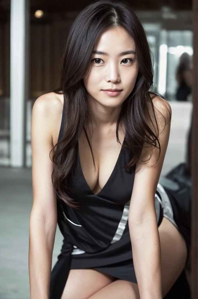 prospect: Gorgeous Woman ,. She is playing with the camera with a faint smile.., (In the Dark), , Perfect Eyes, Perfect hands, Perfect body, Perfect very long hair, Accurate身体, masterpiece, Accurate, Anatomically correct, Rough skin, Very detailed, Advanced Details, high quality, 最high quality, High resolution, 16K, 8K, Looking into the camera,Bold mini dress、Thighs