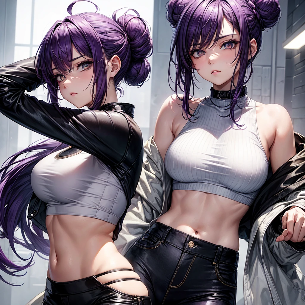 (masterpiece), best quality, expressive eyes, perfect face, purple hair, yellow eyes, women, white crop top, hair in a bun, black pants, one person, sad vibes, pretty