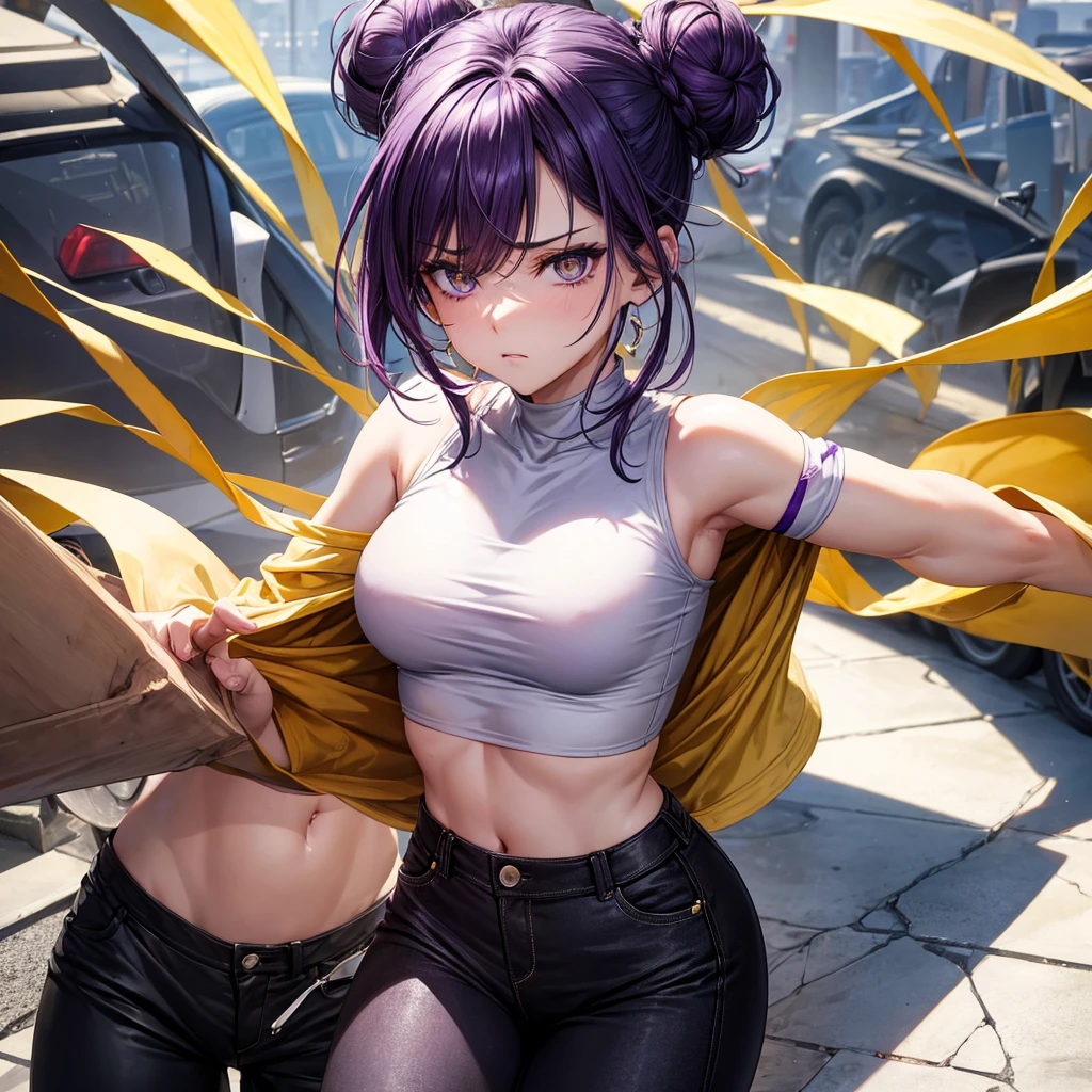 (masterpiece), best quality, expressive eyes, perfect face, purple hair, yellow eyes, women, white crop top, hair in a bun, black pants, one person, sad vibes, pretty