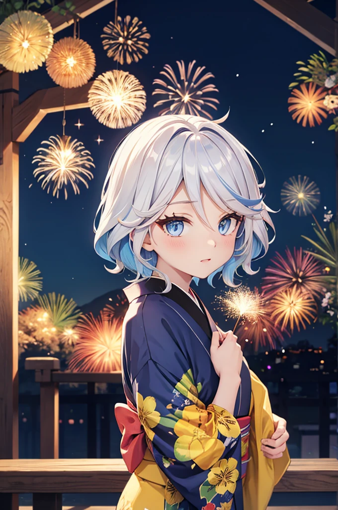Furina kimono firework in the night , blue eyes, short hair
