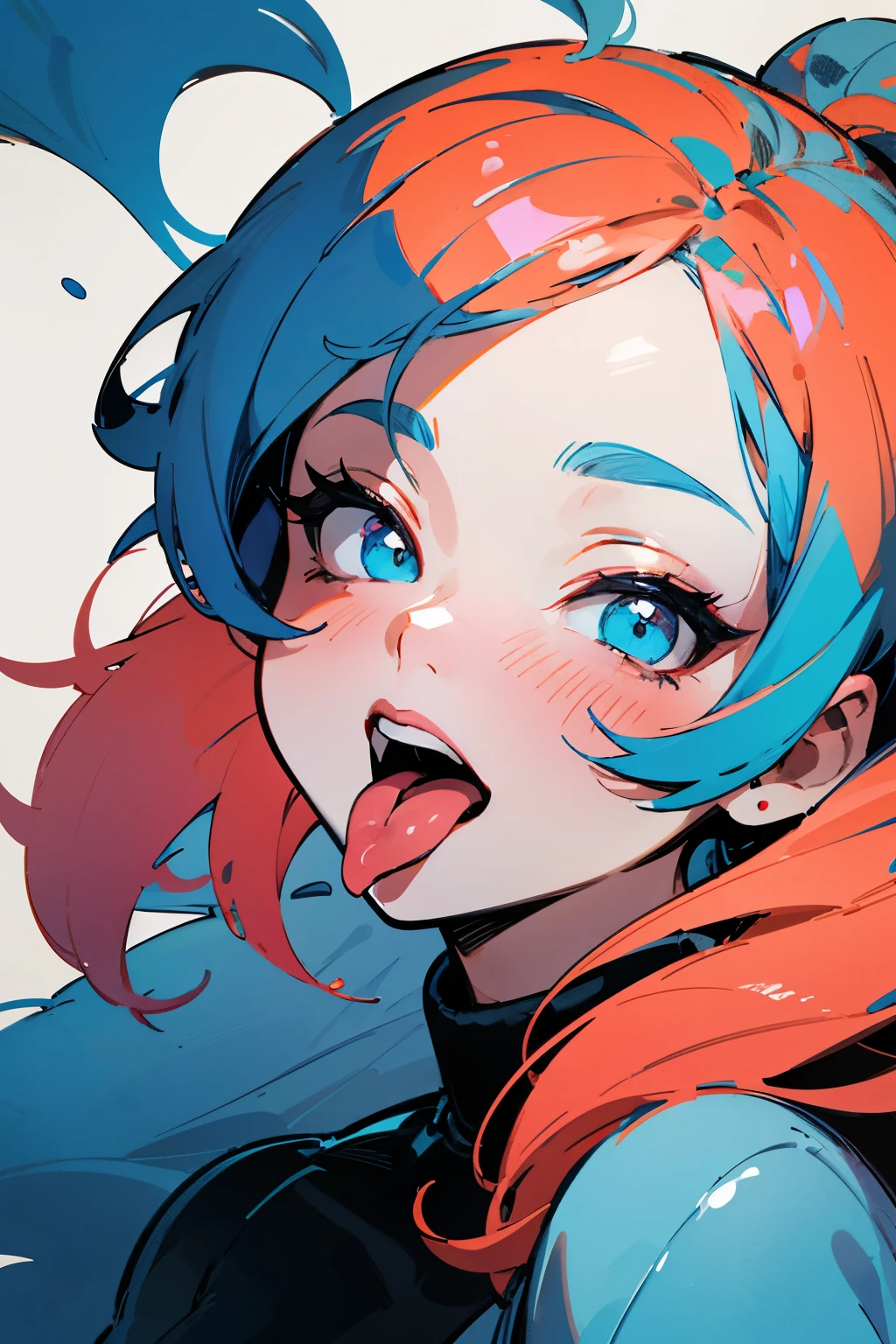 Draw me a comics style illustration of a woman with her tongue sticking out. Make it a little spicy, like something is dripping on her tongue. Make it colorful and sketchy