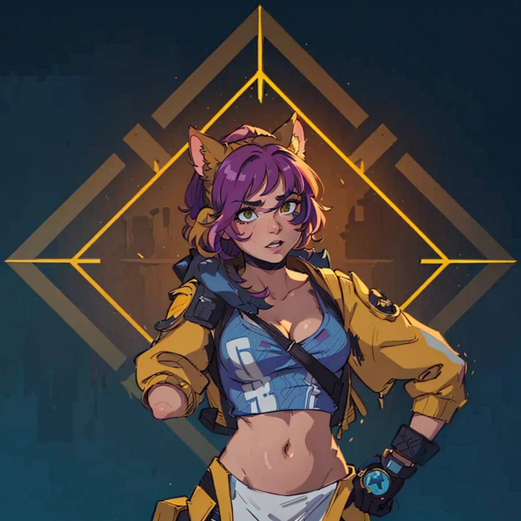 A closeup of a person in a cat costume, Loba Andrade, her clothing has a kind of yellow color and is showing her cleavage and her chest, He is raising his left arm over his head and his right arm is resting on his waist., apex legends, Apex Legends character, in the style of apex legends, inspired by Jules Chéret, apex legends portrait, valuing character, there is mystery, arcane faux pas portrait, as supervisory character, Starfinder Style, Official character art