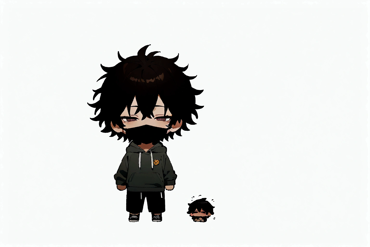 masterpiece,chibi,1man, half closed eyes, black hair, mouth mask, full body, white background, simple background, very short hair, messy hair, hoodie,