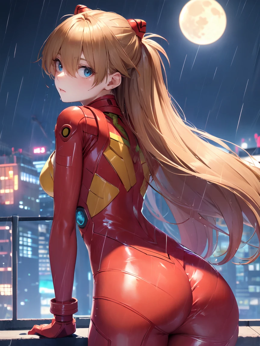 Asuka Langley ,masterpiece, best quality,,city,cyperpunk,night,rain,moon, ASS, BACK VIEWER, BLUSH, SEDUCTIVE LOOK,