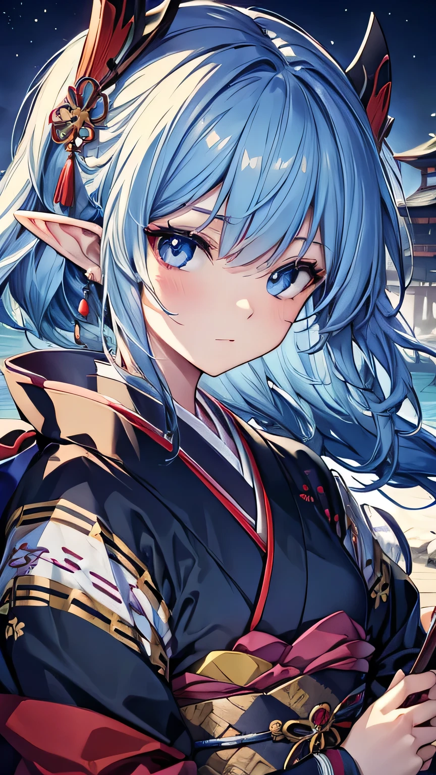 ((best quality)), ((masterpiece)), (detailed face and eyes), detailed hands and fingers, perfect face, accurate, textured skin, high details, blue hair, elf, multicolored eyes, pointy ears, kimono, wearing japanese traditional cloth, kanzashi