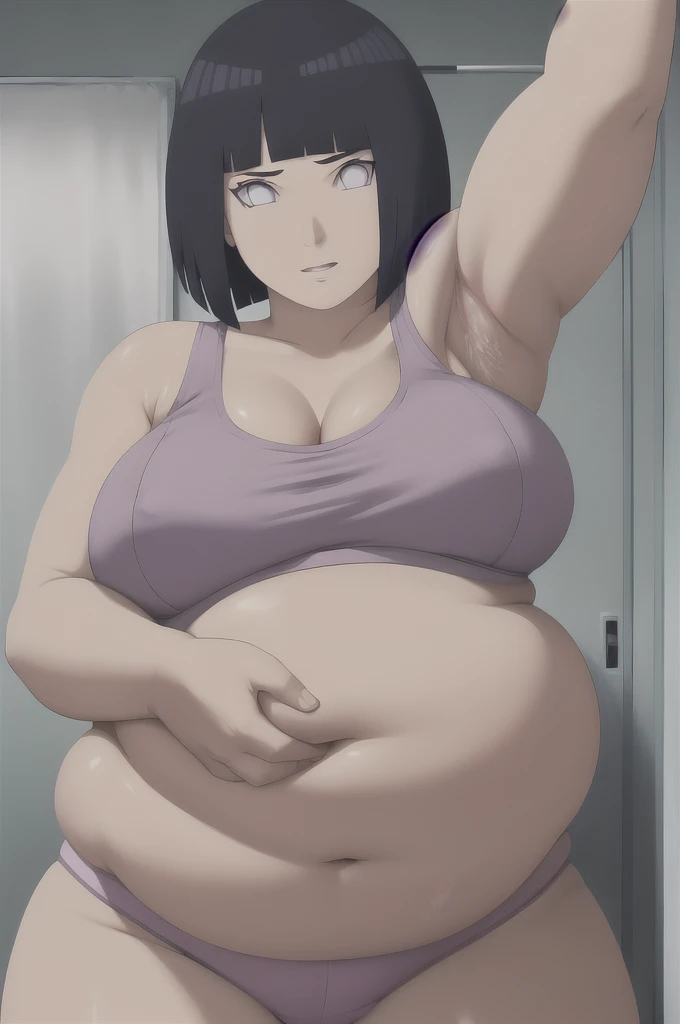 masterpiece, absurdres , (intricate details), (colorful),cinematic lighting,bust shot,extremely detailed CG unity 8k wallpaper ,hinata\(boruto\), 1girl, solo,mature female, arm up, looking at viewer, sports bra, locker room,cowboy shot, chubby belly, chubby, curvy. gained weight, fat, cleavage. overweight, squishy. fatness.