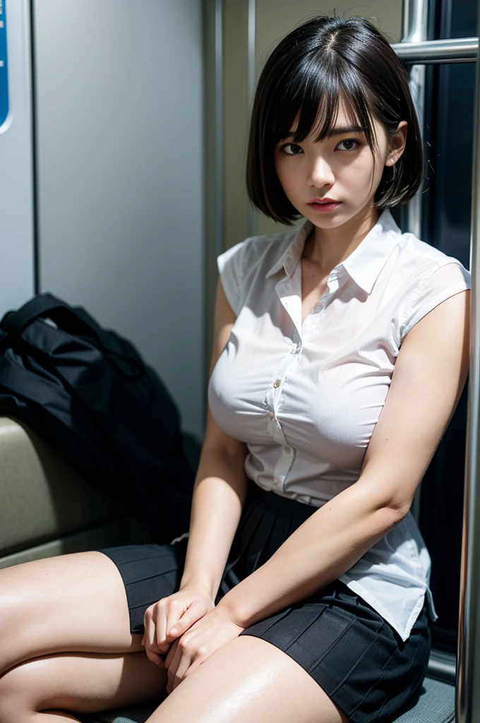 1 woman, thighs, sitting on train, , realistic, raw photo, white shirt, pleated skirt, black short socks, roafer, medium hair, bangs, looking at viewer, best quality, large breast, (His arms folded),