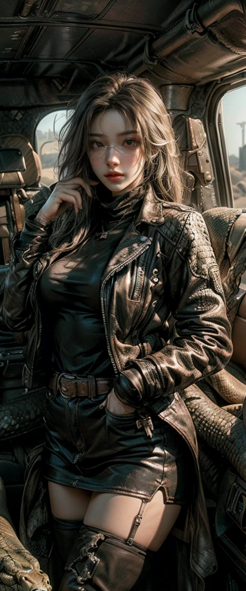 ((​masterpiece, highest quality, Highest image quality, high resolution, photorealestic, RAW-Foto, 8K)), ((extremely detailed CG Unified 8k wallpaper)), Post-Apocalyptic Wasteland, The world of Mad Max, She wears a leather jacket over his bare skin and holds a shotgun, ((Eye patch made of snake skin)), Collapsed buildings are swallowed by the desert, Ruins covered in dust and sand, 