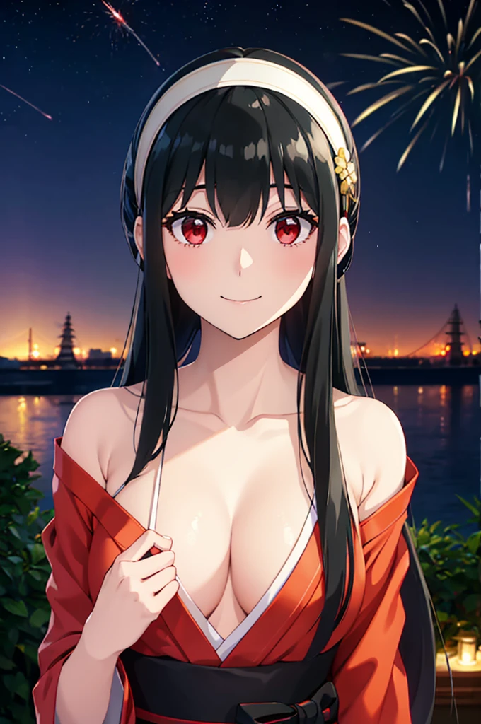 (SFW:1.8、masterpiece, Highest quality),1people々々, 一people々々in, Absurd、現実inは捉えられないディテールと美しさ、hyper Realistic, Realistic,Realistic, Looking at the audience, 美しいbangs:2、魅力的なbangs:2、bangs:2、), Mouth closed, Big Tits Eyes、eyelash、 whole :2、(((Add highlights to the eyes:1.4、Long Hair、She is very 美しい and cute、Show me your ears、Beautiful long neck:1.8、smile、Close your mouth and smile:1.5、bangsと美しい歯)))、Ideal body type、((firework、Night Sky、Night Skyに美しいfirework、))、Beautiful long neck:1.6、Perfect Anatomy、people々Beautiful pads that make you feel happy:2、自然in快適な照明、Keep an eye on your audience、Shadow Fade、Listen carefully、smile、((Black Hair、Red yukata、White hair band、Red eyes))、A starry sky、Rich nature background、fireworkの光、Off the shoulder、Underwear is visible、the chest is slightly visible、Open yukata、The yukata is a little off、Cleavage、White underwear