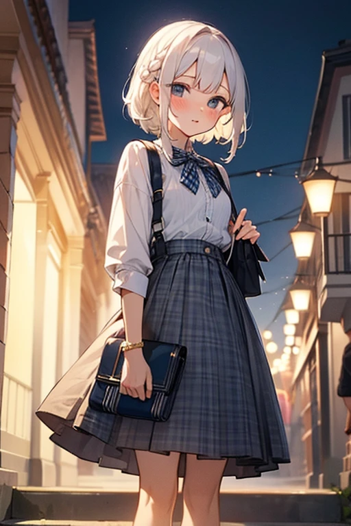 Short white hair, blush, Navy and white checked outfit、Braiding、wonderful、Date Night、