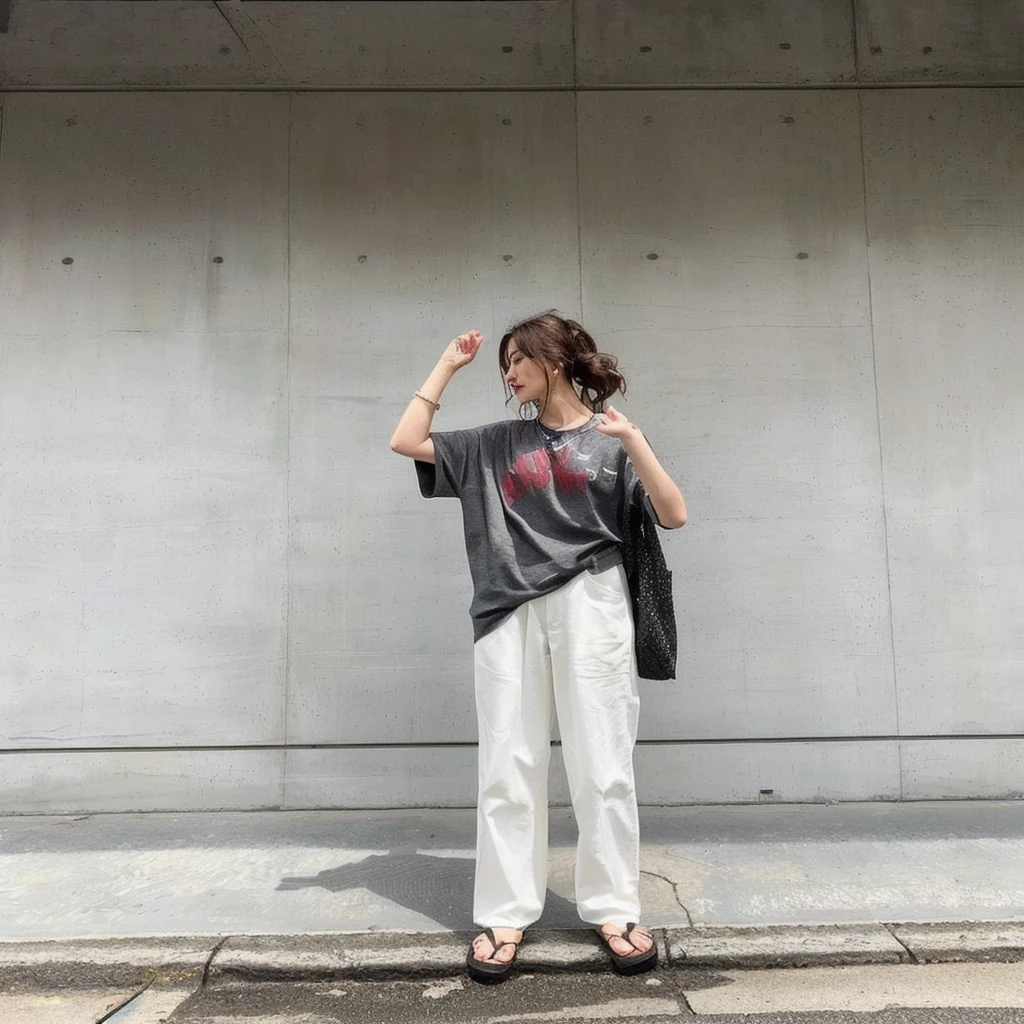 arafed woman standing on a sidewalk witH Her Hand on Her Head, tHisset style, Simple style, the material is!!! plinm!!!, 🚿🗝📝, finll body!!, styling, off - wHite style, Asymmetric!!, 🪔 🎨;🌞🌄, sHe is wearing streetwear, finll_body!!, H. in. d