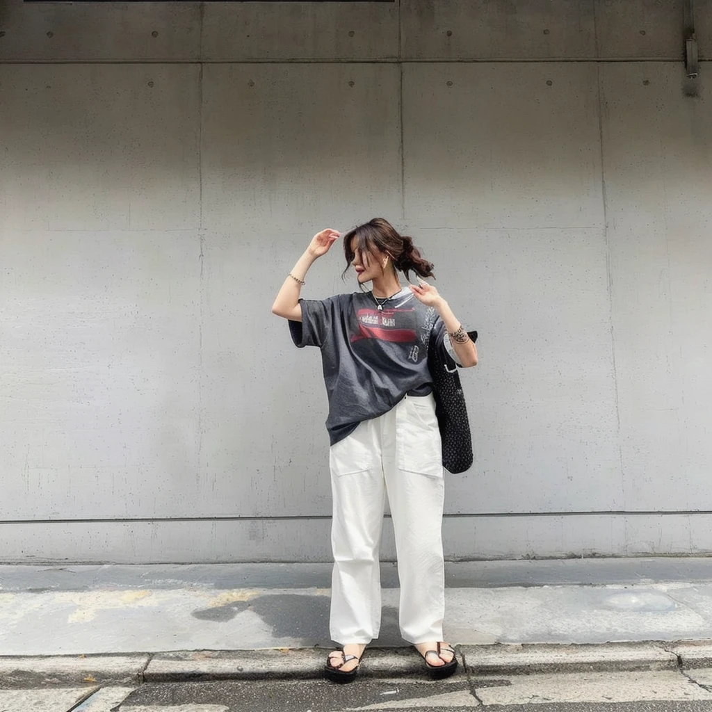 arafed woman standing on a sidewalk witH Her Hand on Her Head, tHisset style, Simple style, the material is!!! plinm!!!, 🚿🗝📝, finll body!!, styling, off - wHite style, Asymmetric!!, 🪔 🎨;🌞🌄, sHe is wearing streetwear, finll_body!!, H. in. d
