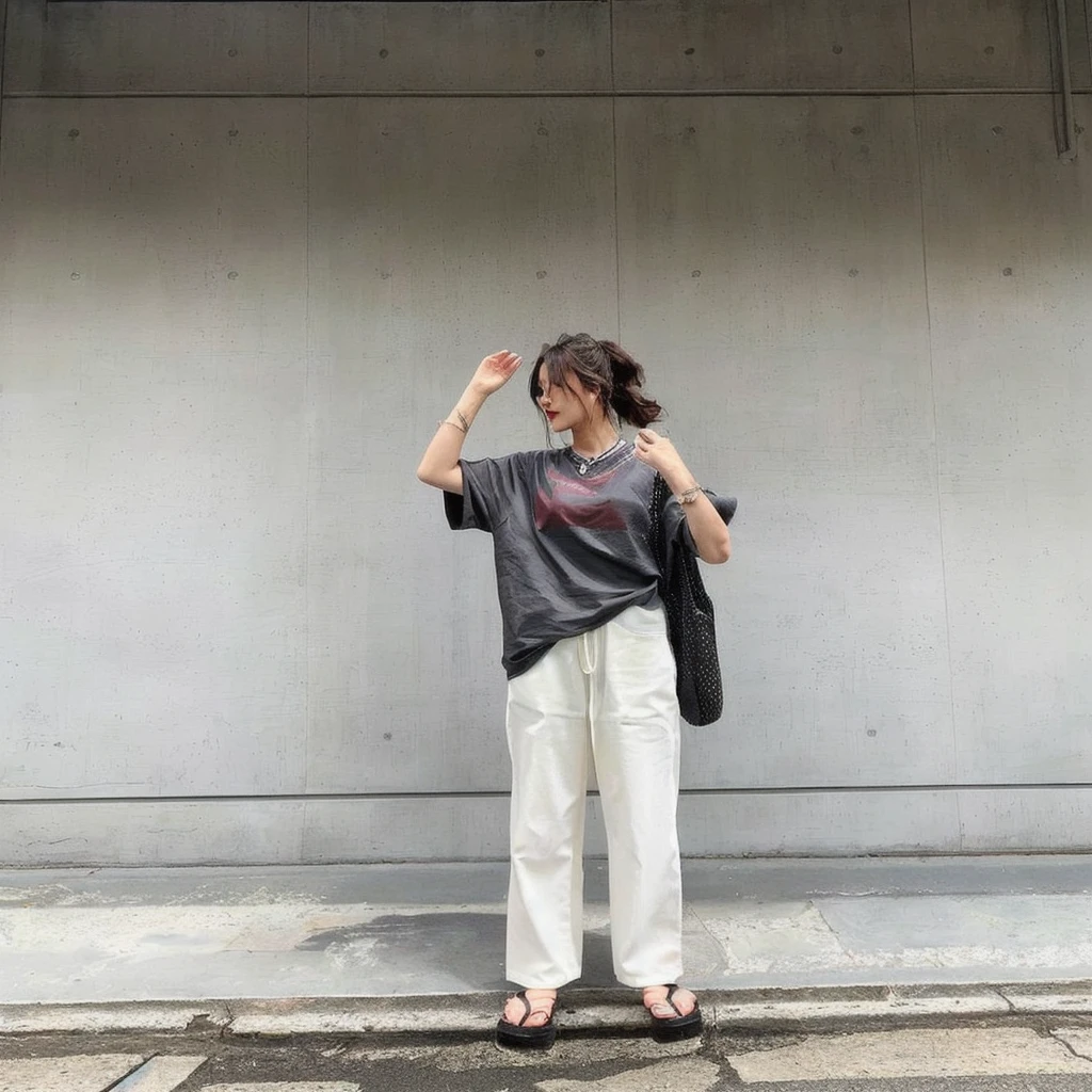 arafed woman standing on a sidewalk witH Her Hand on Her Head, tHisset style, Simple style, the material is!!! plinm!!!, 🚿🗝📝, finll body!!, styling, off - wHite style, Asymmetric!!, 🪔 🎨;🌞🌄, sHe is wearing streetwear, finll_body!!, H. in. d