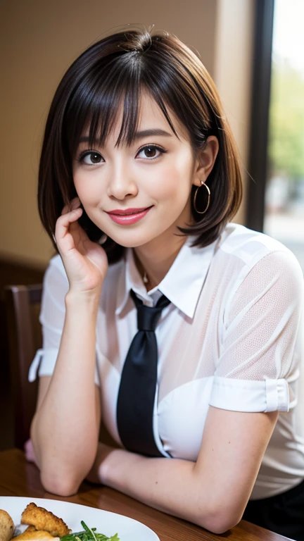 （masterpiece）、(Highest quality:1.5)、(Photorealistic:1.2)、(Surreal), (High resolution), (Realistic), (Post-processing),(Sharp focus), Sharp focus:1.2,Backlight, (Improvement of quality:1.4), (Narrow waist)、Big Ass、((Perfectly detailed five-fingered hands)),（Anatomically correct body）、((1 female:1.4))、Japanese、Realistic Skin、（Small chest：1.4）、Bust size is A cup、Pretty woman with perfect figure:1.4,(from the front:1.5), (Enhances the beauty of skin texture:1.1),No makeup、美しいBlack Hair、The best smile、Natural color lip、(Small Mouth:1.4)、The mouth is not open、Thick lips、(Oval Face)、Even bangs、Hide eyebrows with bangs、((33-year-old woman))、Bob Hair、Hair blowing in the wind, (Black Hair, Iris, Watery eyes, Shining Eyes, Bob Cut Hair, Small earrings,), Hair behind the ear、No makeup、(Drooping eyes)、(((One lovely woman)),((A big friendly smile)),(( Small breasts,Small breastsの谷間)),((((Plump Cheeks)))),((whole body：1.５)),very cute,(Baby Face),高級restaurantで、full-course dinner、Wine Party、Bright image、The beauty of wine, Beautiful Face,  red wine 、Appetizers、Italian food、Wine bottle、Champagne、sparkling wine、(slimな顔), (The body is slim),restaurant,  White wine, slim, wine glass, 中央に置かれたwine glass,  Beautiful fine grain, Depth f/2,saturation, High Contrast, Strong light and shadow,Moist Body:1.5、3D texture、Delicate eyes、((In front of the food on the table：1.5)）、White collar shirt and tie、erious expression