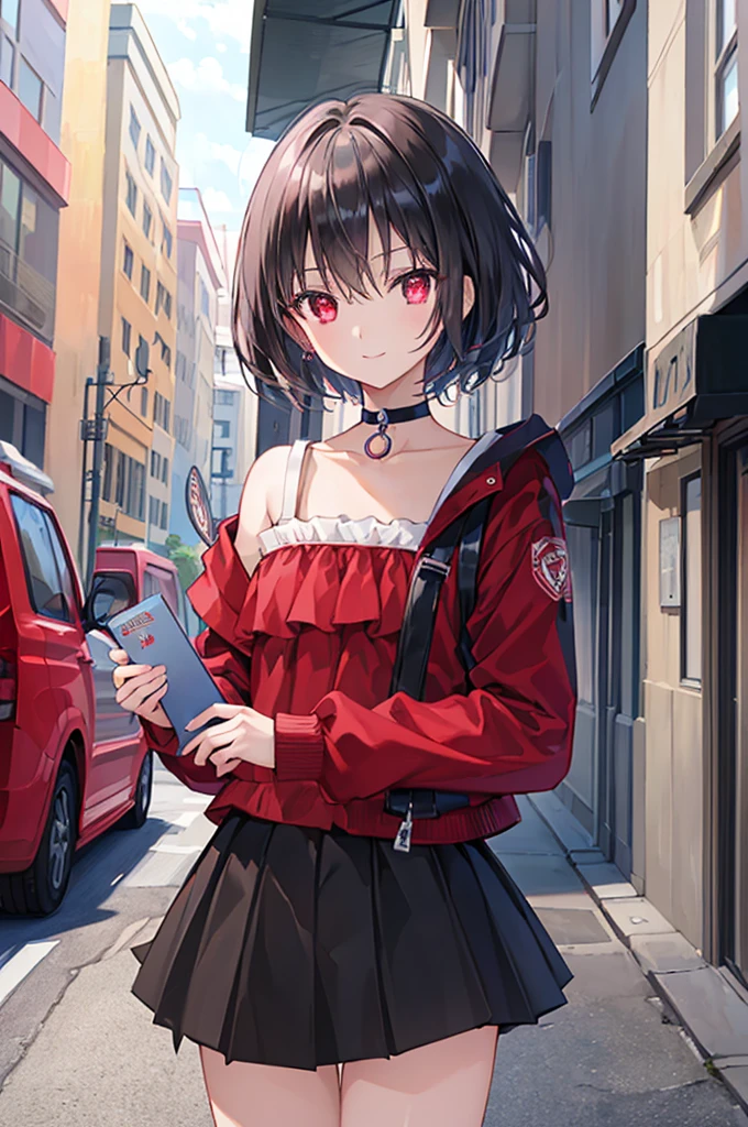(masterpiece, highest quality, highest quality, (No text), Beautiful and aesthetic:1.2),No text,アニメ、BREAK,One Girl,Black Hair Girl short hair older sister choker Tree Eyes Beautiful eyes Red eyes cool smile Red and Black Black jacket mini skirt whole body In town