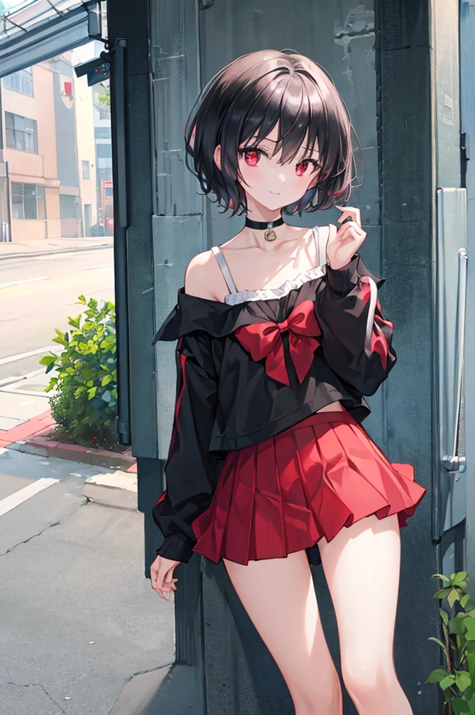 (masterpiece, highest quality, highest quality, (No text), Beautiful and aesthetic:1.2),No text,アニメ、BREAK,One Girl,Black Hair Girl short hair older sister choker Tree Eyes Beautiful eyes Red eyes cool smile Red and Black Black jacket mini skirt whole body In town