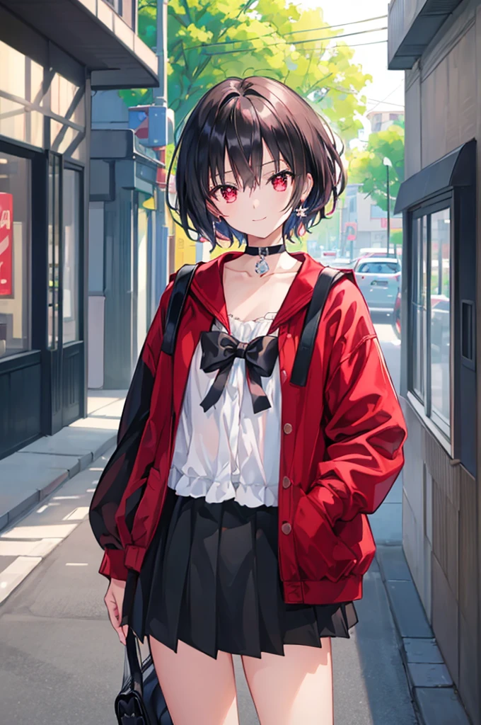 (masterpiece, highest quality, highest quality, (No text), Beautiful and aesthetic:1.2),No text,アニメ、BREAK,One Girl,Black Hair Girl short hair older sister choker Tree Eyes Beautiful eyes Red eyes cool smile Red and Black Black jacket mini skirt whole body In town