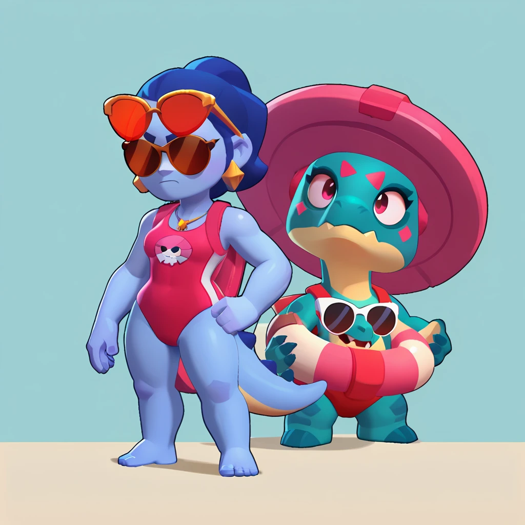 full body view of a monster triceratops dinosaur, blue skin, female, dressed in a red swimsuit and sunglasses, with a pink and white buoy, triceratops animal, brawl, brawl stars
