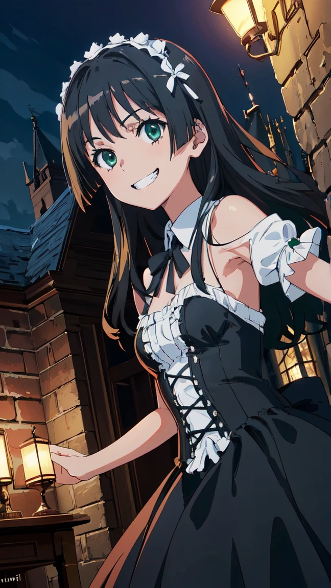(High resolution:1.4), (masutepiece:1.2), (High quality:1.3) 1girl, saten ruiko, green eyes, long hair, black hair, small breast, gothic ta fashion, cinematic lighting, pov, grin, A medieval mansion, dynamic angle