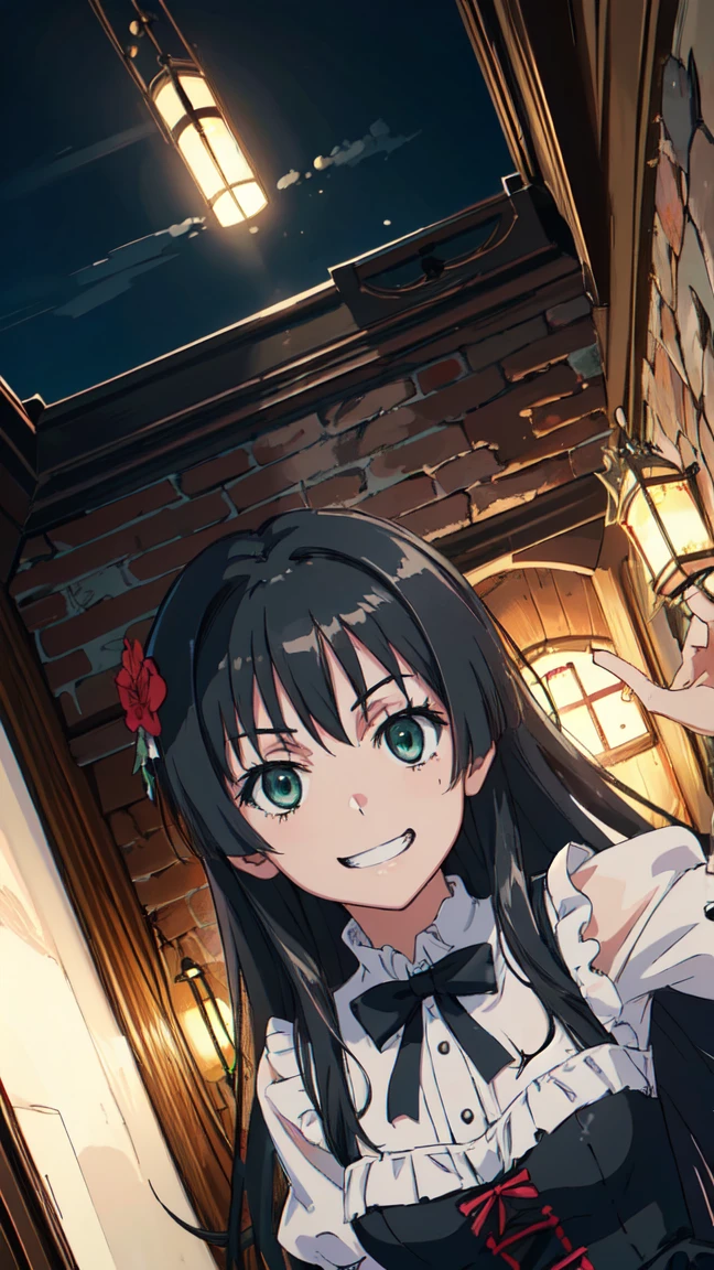 (High resolution:1.4), (masutepiece:1.2), (High quality:1.3) 1girl, saten ruiko, green eyes, long hair, black hair, small breast, gothic lolita fashion, cinematic lighting, pov, grin, A medieval mansion, dynamic angle