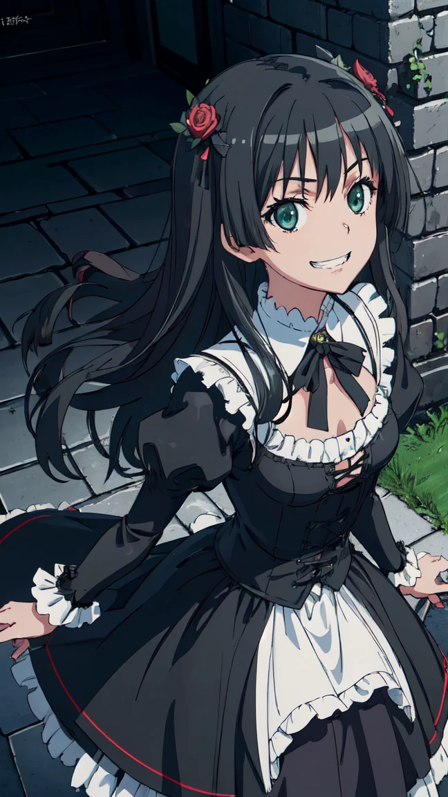 (High resolution:1.4), (masutepiece:1.2), (High quality:1.3) 1girl, saten ruiko, green eyes, long hair, black hair, small breast, gothic ta fashion,  cinematic lighting,  pov, grin, A medieval mansion, dynamic angle