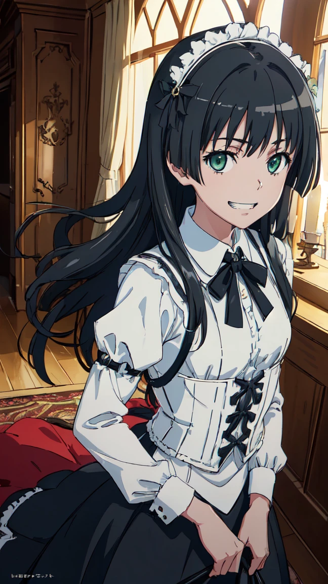 (High resolution:1.4), (masutepiece:1.2), (High quality:1.3) 1girl, saten ruiko, green eyes, long hair, black hair, small breast, gothic lolita fashion, cinematic lighting, pov, grin, A medieval mansion, dynamic angle