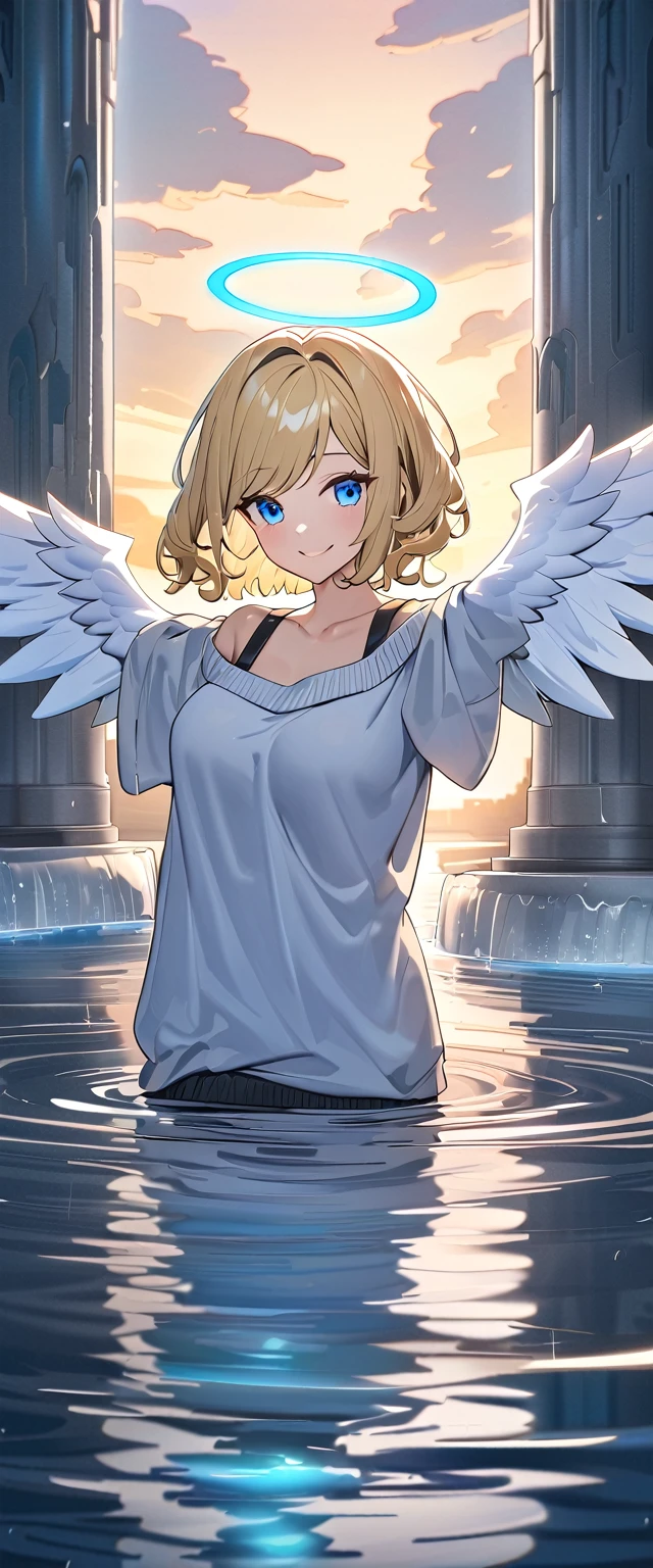 ((angel, big big white wings:1.3, halo:1.3)), ((sea)), (((spread arms))), (((upper body))), ((flying in the sky)), archangel Uriel, ((wavy hair, outward curled hair)), evening, Sunset, ((blond hair, bob cut:1.3)), breasts, teenager, (looking at viewer), oversized clothes, puffy long sleeves, collarbone, ((off-shoulder sweater:1.3, Quite thick shoulder straps)), ((white sweater)), collarbone, head tilt:1.3, (((blue eyes))), (water temple, crystal clear water:1.3), (crystal, reflective, glowing, waterlogged floor, fountain:1.5), (waterfall), (crystal textured interior), (water ripples:1.3), (clear blue crystal pillars:1.2), (geyser, indoor), (ice floor, ice wall:1.2), (light blue glowing:1.3), ((happy smile)), (((anime style))), (best quality, 4K, 8K, highres, masterpiece:1.2, ultra-detailed, ultra-detailed eyes, HDR, uhd, studio lighting, ultra-fine painting, sharp focus, physically-based rendering, extreme detail description, professional, vivid colors, bokeh)