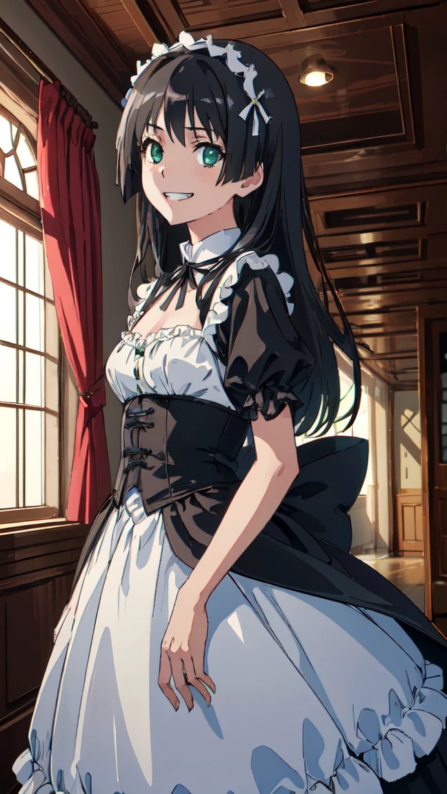 (High resolution:1.4), (masutepiece:1.2), (High quality:1.3) 1girl, saten ruiko, green eyes, long hair, black hair, small breast, gothic lolita fashion, cinematic lighting, pov, grin, A medieval mansion, dynamic angle