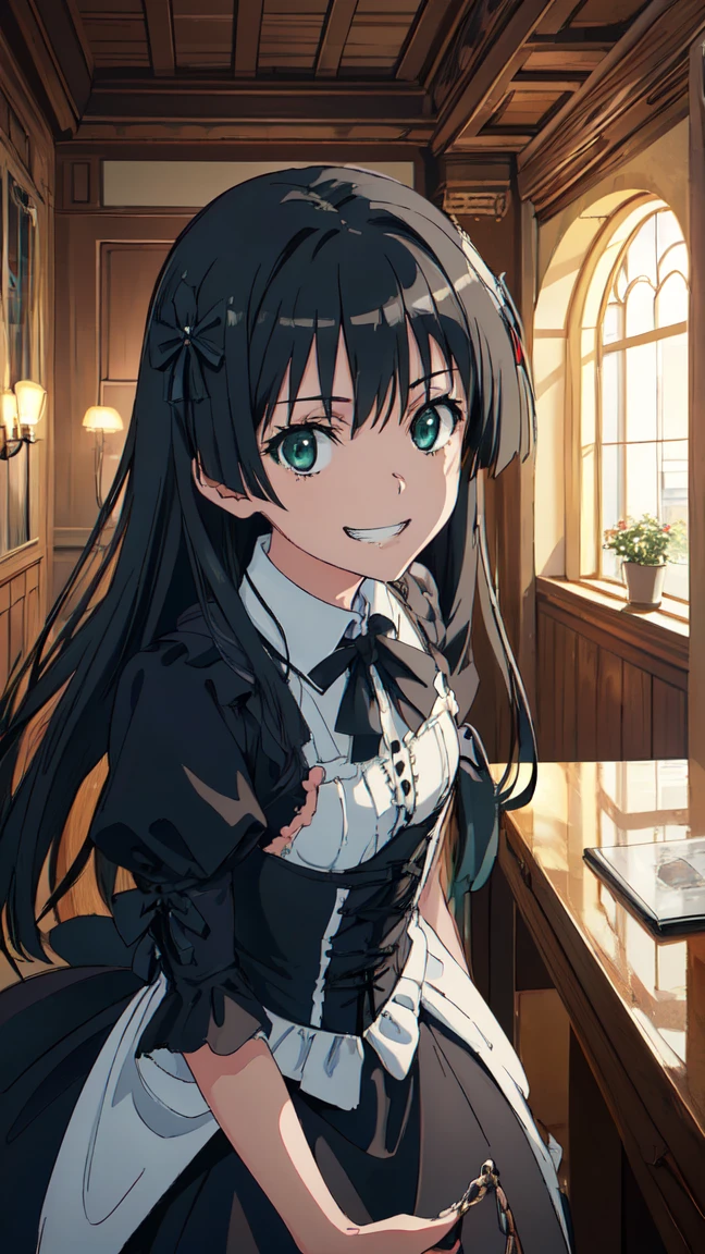 (High resolution:1.4), (masutepiece:1.2), (High quality:1.3) 1girl, saten ruiko, green eyes, long hair, black hair, small breast, gothic ta fashion, cinematic lighting, pov, grin, A medieval mansion, dynamic angle