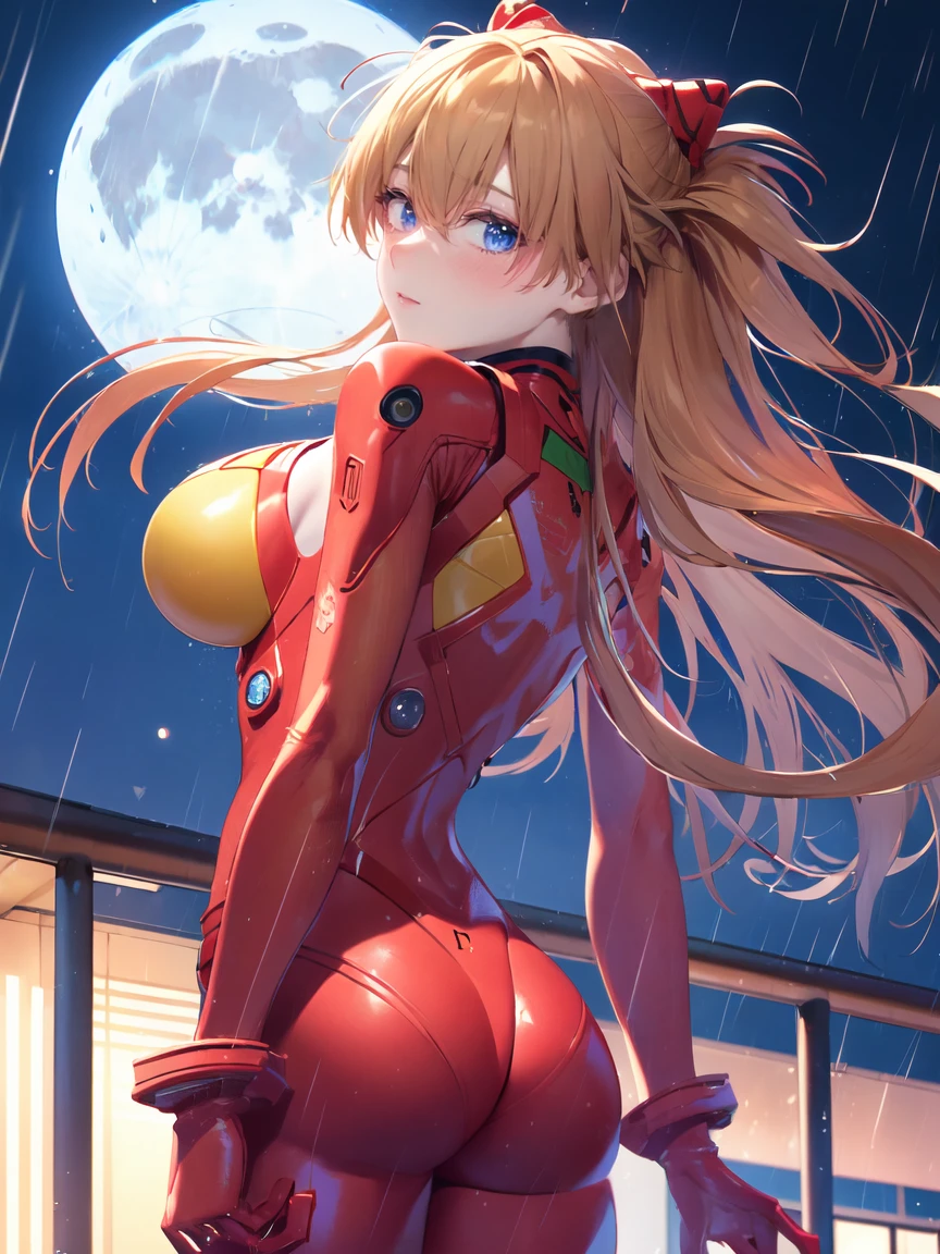 Asuka Langley ,masterpiece, best quality,,city,cyperpunk,night,rain,moon, , BACK VIEWER, BLUSH, SEDUCTIVE LOOK,